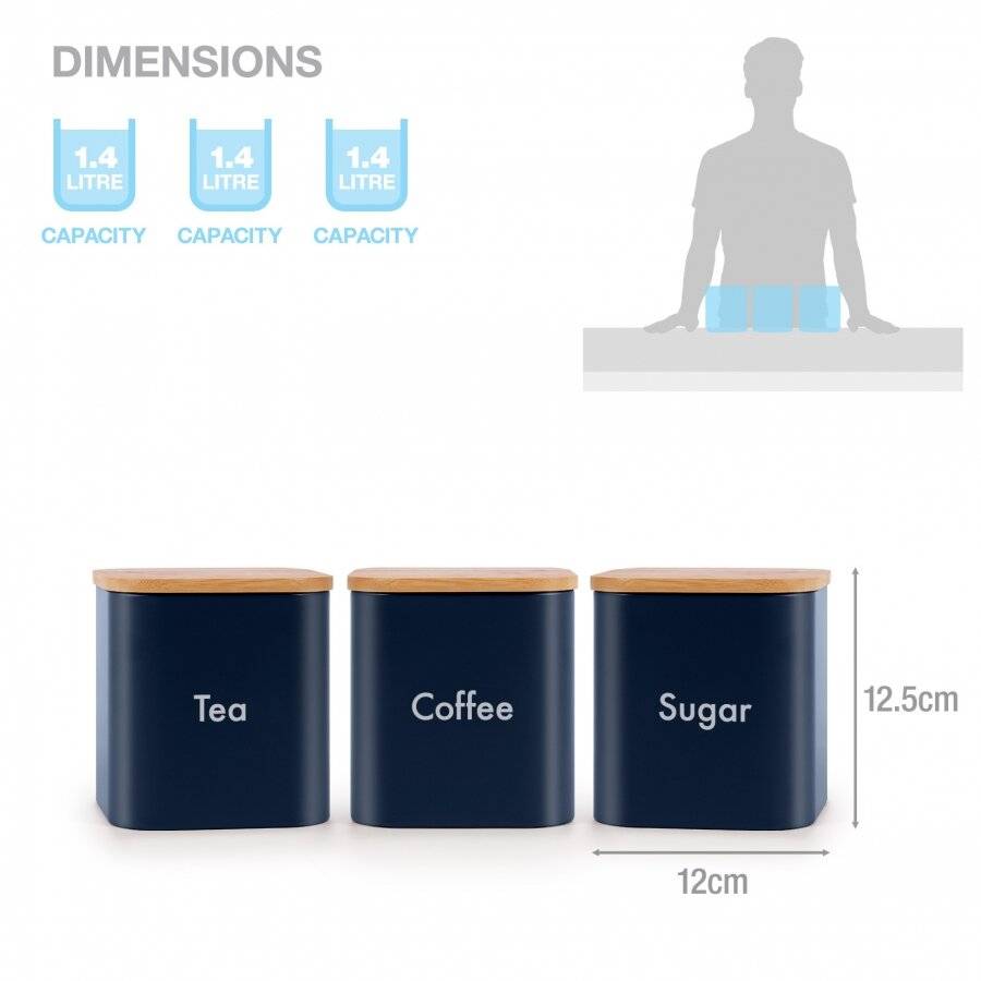 EHC Set of 3 Airtight Tea Sugar Coffee Jars With Bamboo Lid, Navy Blue