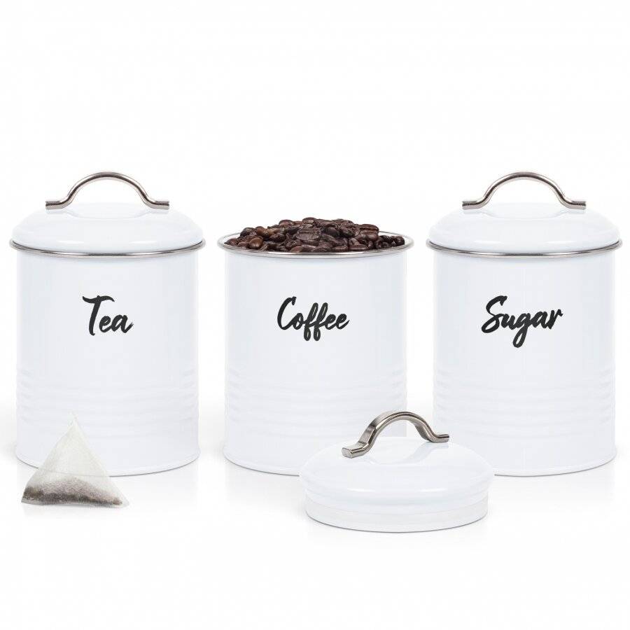 EHC Set of 3 Airtight Tea Sugar & Coffee Storage Jars, White