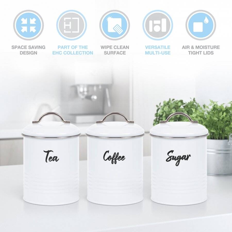 EHC Set of 3 Airtight Tea Sugar & Coffee Storage Jars, White