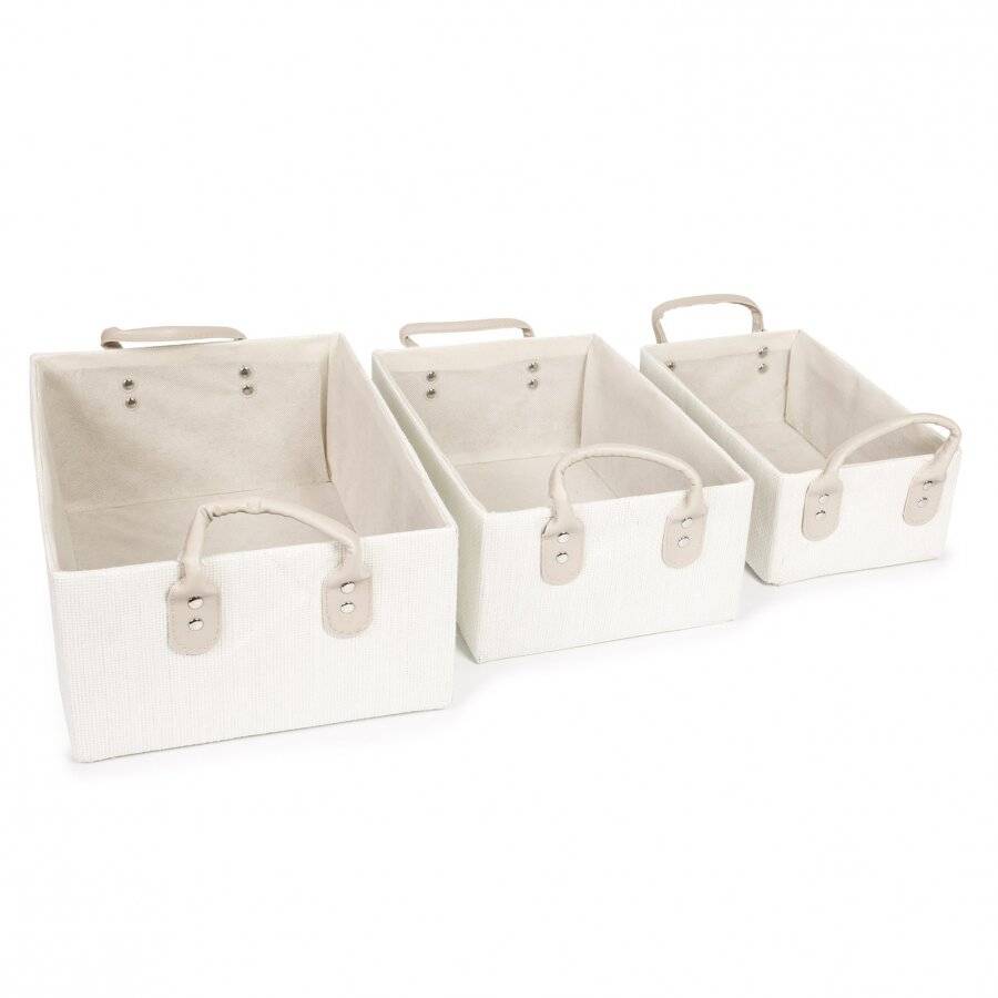 EHC Set of 3 Fabric Storage Basket with Easy Carry Handles, Cream