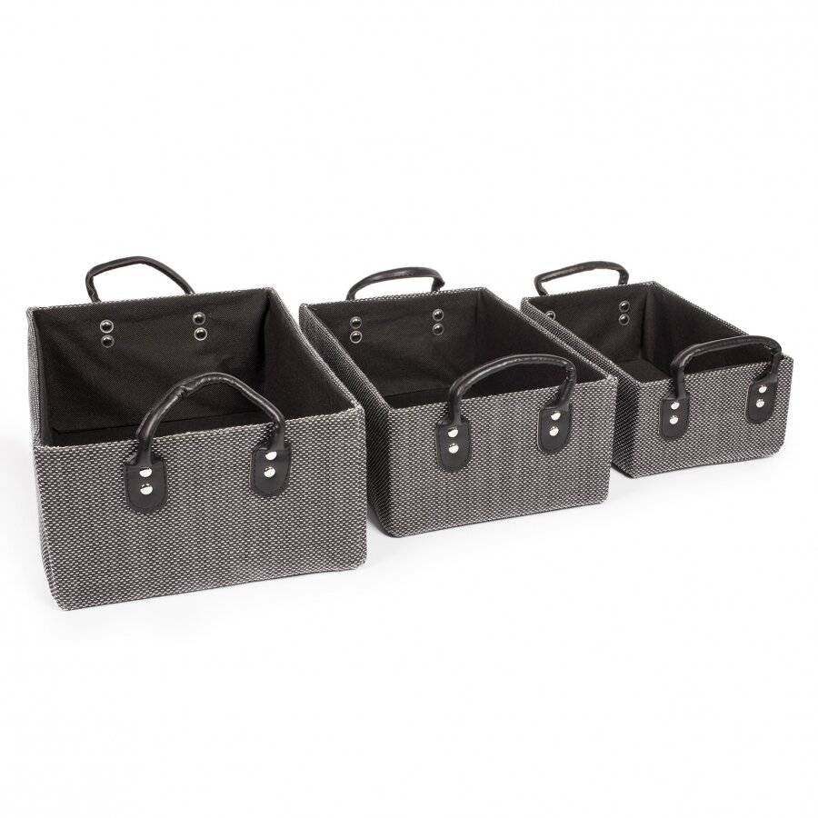 EHC Set of 3 Fabric Storage Organizers with PU Carry Handles, Black