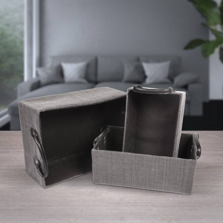EHC Set of 3 Fabric Storage Organizers with PU Carry Handles, Black