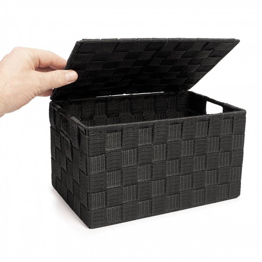 EHC Set of 3 Hand Woven Storage Hamper Basket With Lid, Black