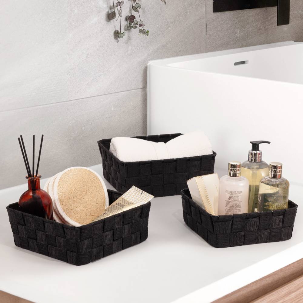 EHC Set of 3 Nestable Polypropylene Storage Gift Hamper Baskets, Black
