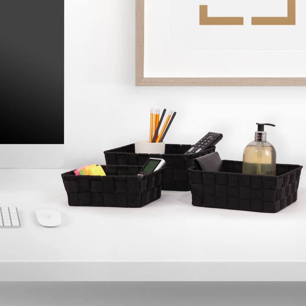 EHC Set of 3 Nestable Polypropylene Storage Gift Hamper Baskets, Black