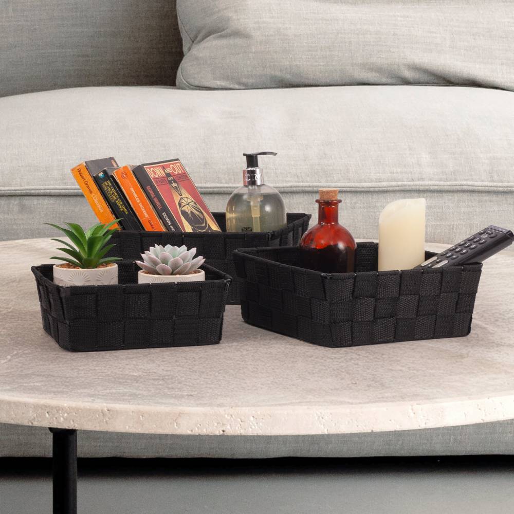 EHC Set of 3 Nestable Polypropylene Storage Gift Hamper Baskets, Black