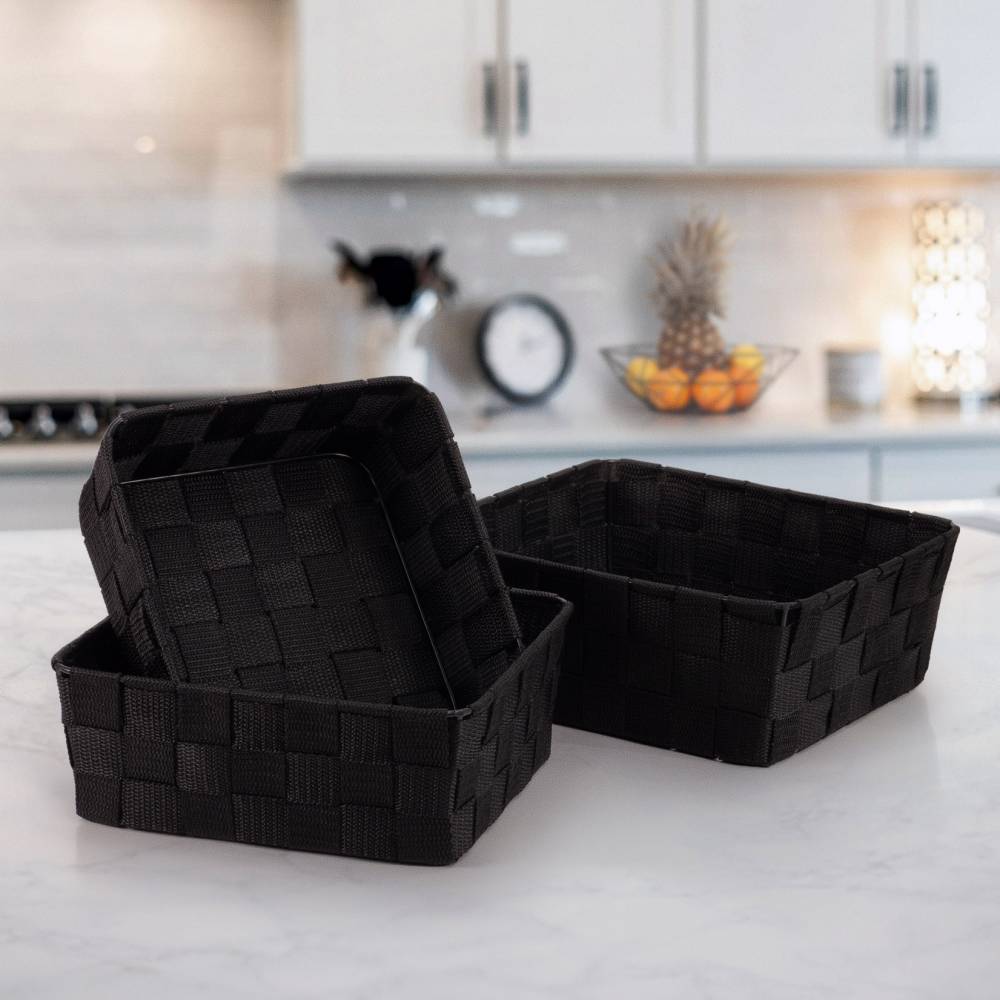 EHC Set of 3 Nestable Polypropylene Storage Gift Hamper Baskets, Black