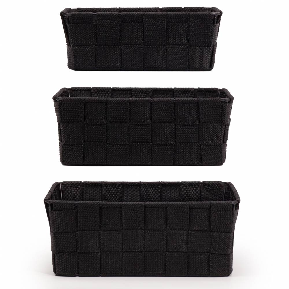 EHC Set of 3 Nestable Polypropylene Storage Gift Hamper Baskets, Black