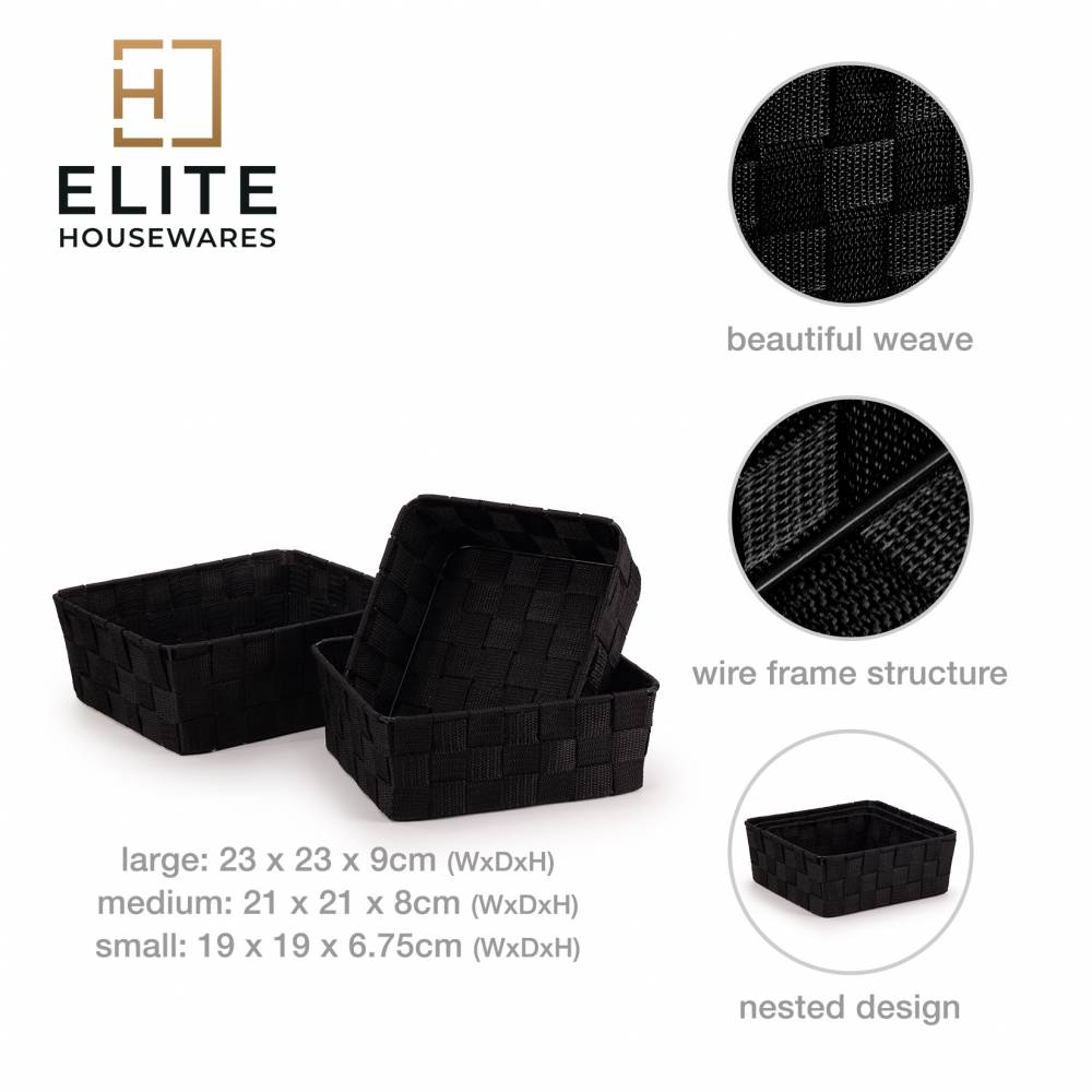 EHC Set of 3 Nestable Polypropylene Storage Gift Hamper Baskets, Black