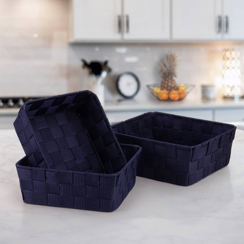 EHC Set of 3 Nestable Polypropylene Storage Gift Hamper Baskets - Blue