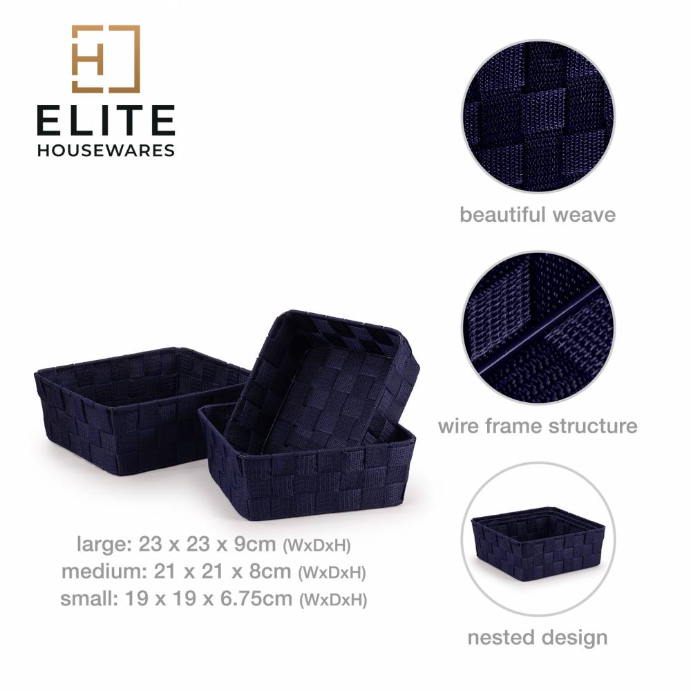 EHC Set of 3 Nestable Polypropylene Storage Gift Hamper Baskets - Blue