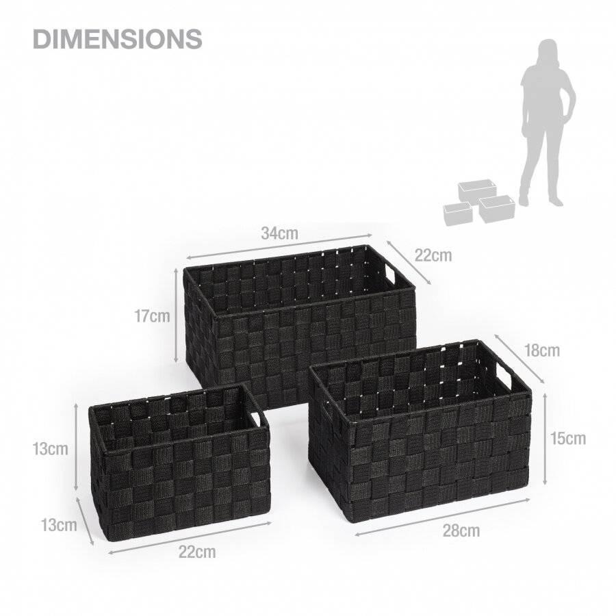 EHC Set of 3 Polypropylene Rectangular Storage Hamper Basket, Black