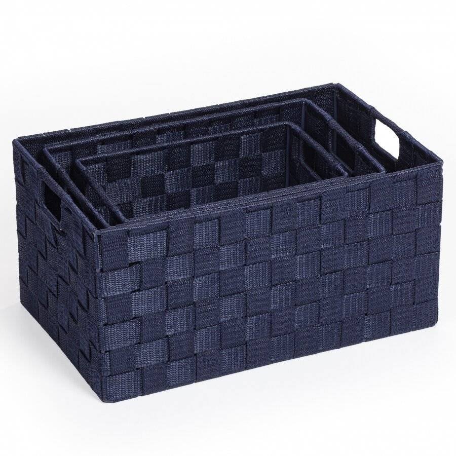 EHC Set of 3 Polypropylene Rectangular Storage Hamper Basket, Blue