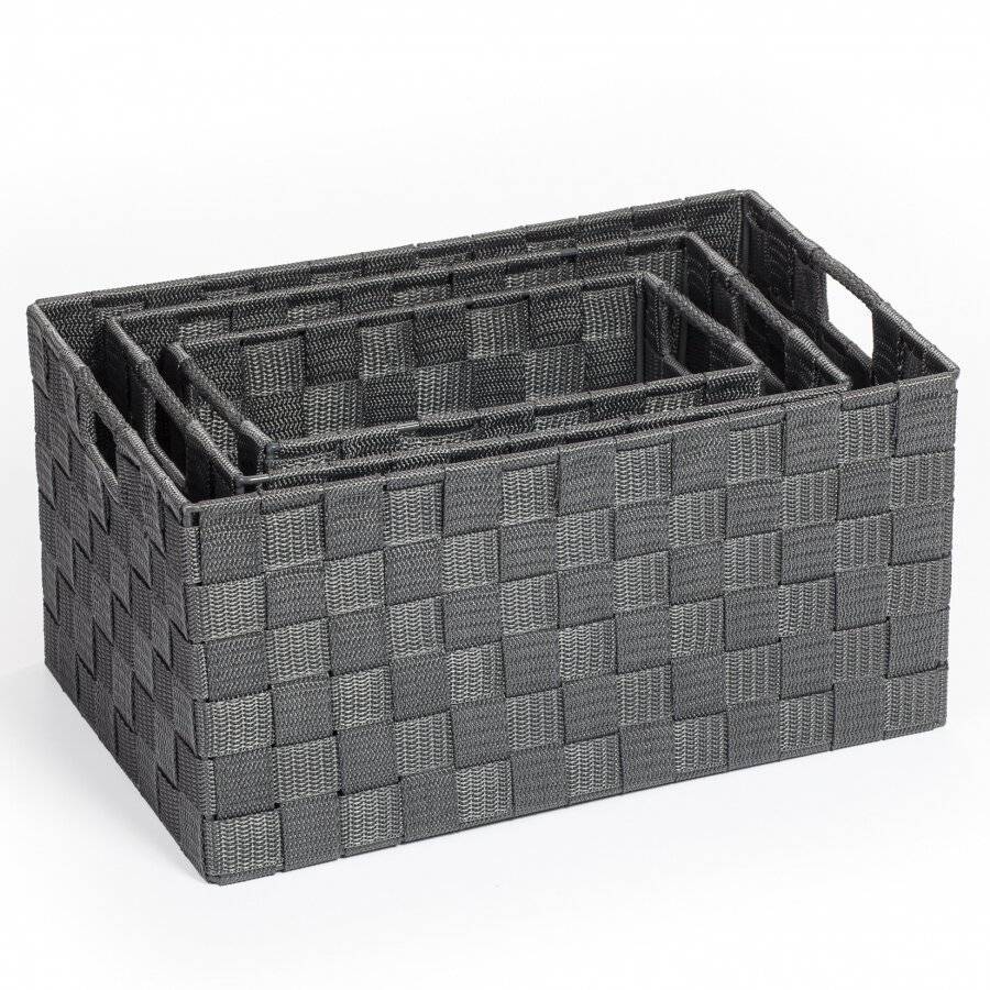 EHC Set of 3 Polypropylene Rectangular Storage Hamper Basket, Grey