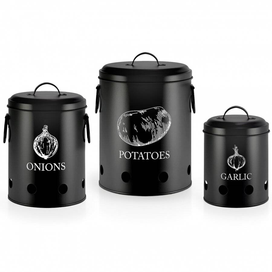 EHC Set of 3 Potato, Onion and Garlic Storage Jars With Lid - Black