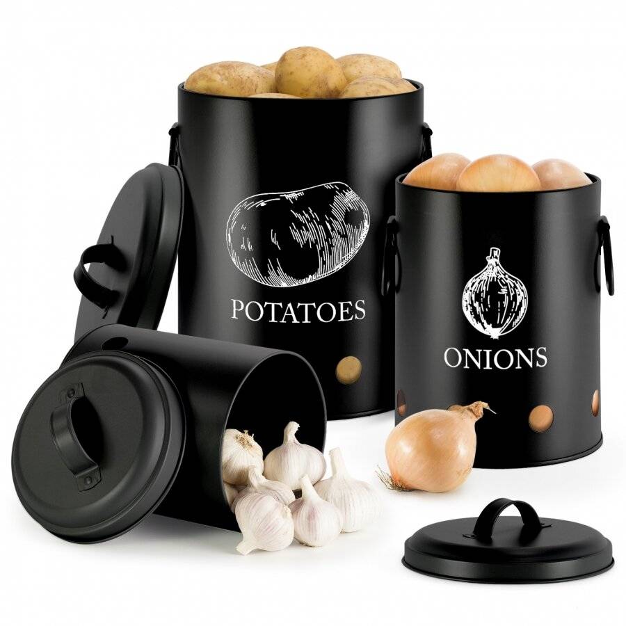 EHC Set of 3 Potato, Onion and Garlic Storage Jars With Lid - Black