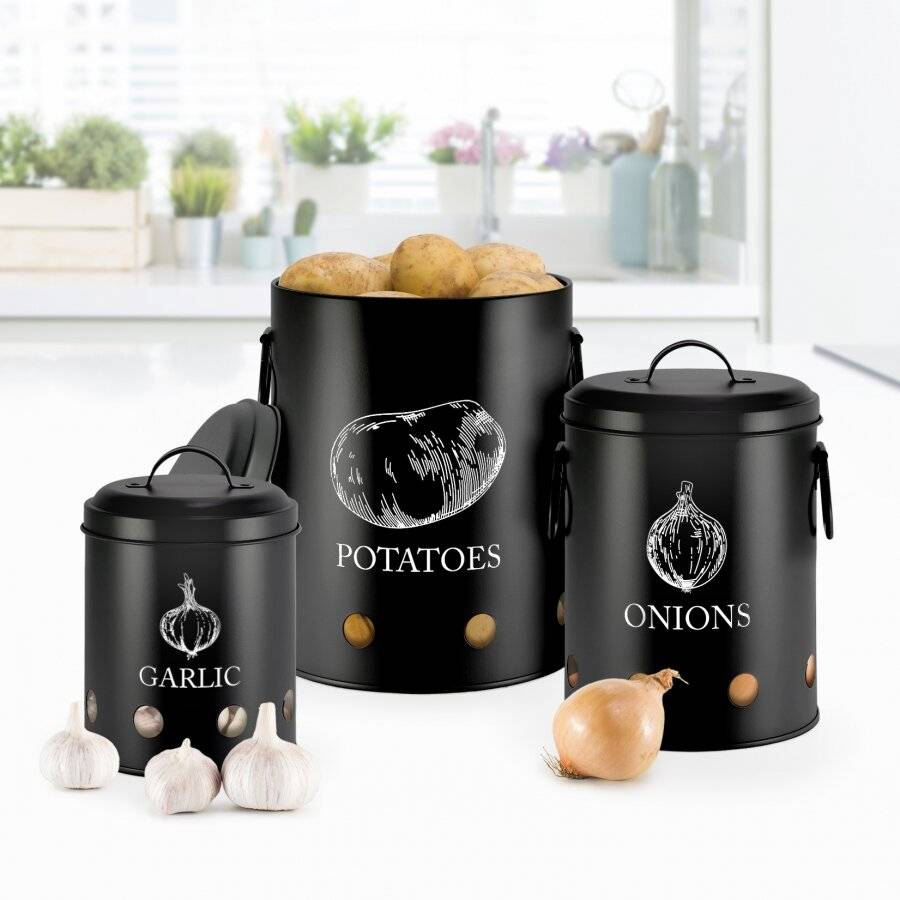 EHC Set of 3 Potato, Onion and Garlic Storage Jars With Lid - Black