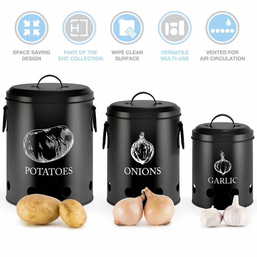 EHC Set of 3 Potato, Onion and Garlic Storage Jars With Lid - Black