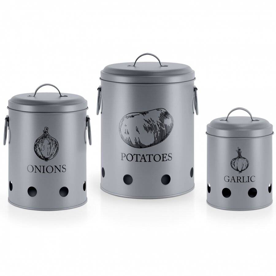 EHC Set of 3 Potato, Onion and Garlic Storage Jars With Lid - Grey