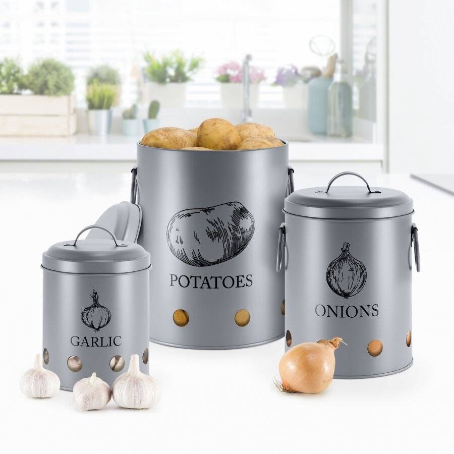 EHC Set of 3 Potato, Onion and Garlic Storage Jars With Lid - Grey