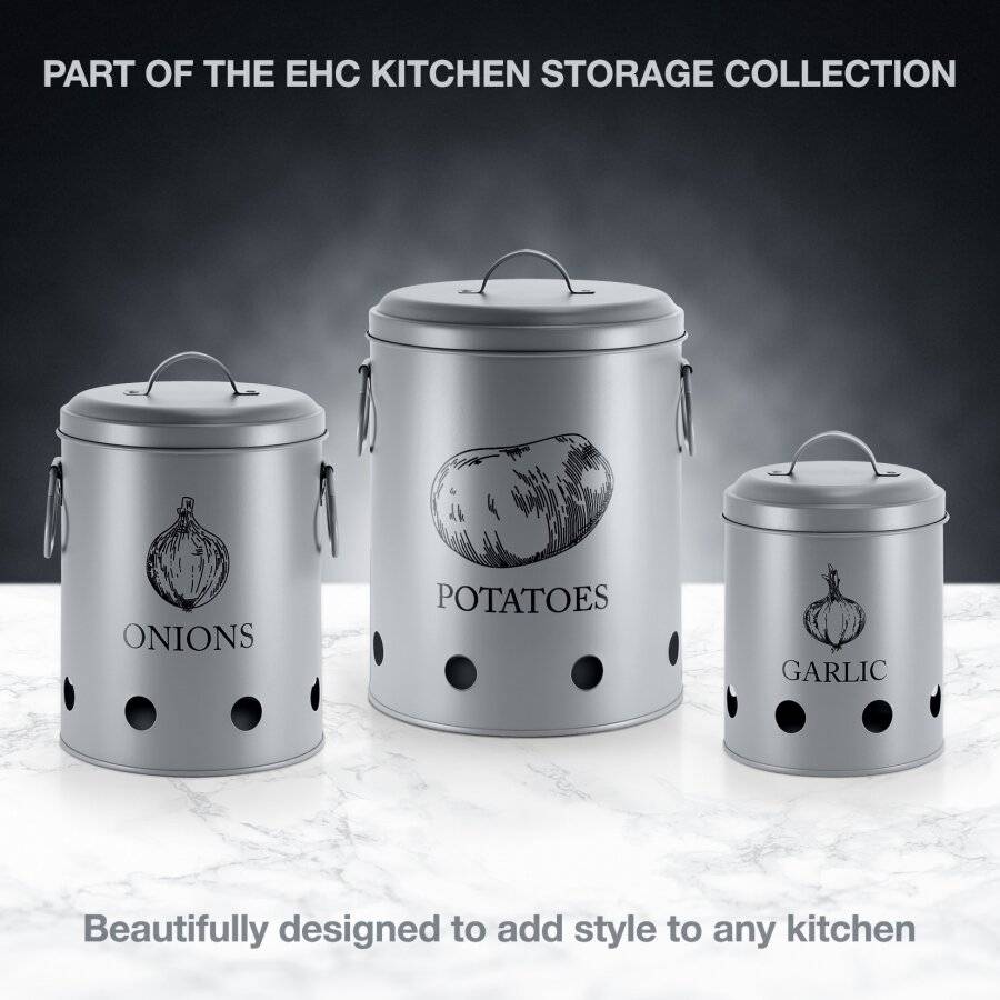 EHC Set of 3 Potato, Onion and Garlic Storage Jars With Lid - Grey