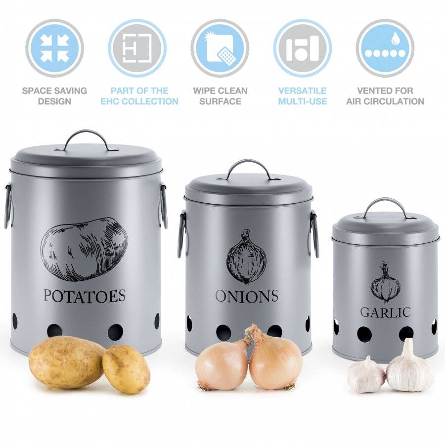 EHC Set of 3 Potato, Onion and Garlic Storage Jars With Lid - Grey