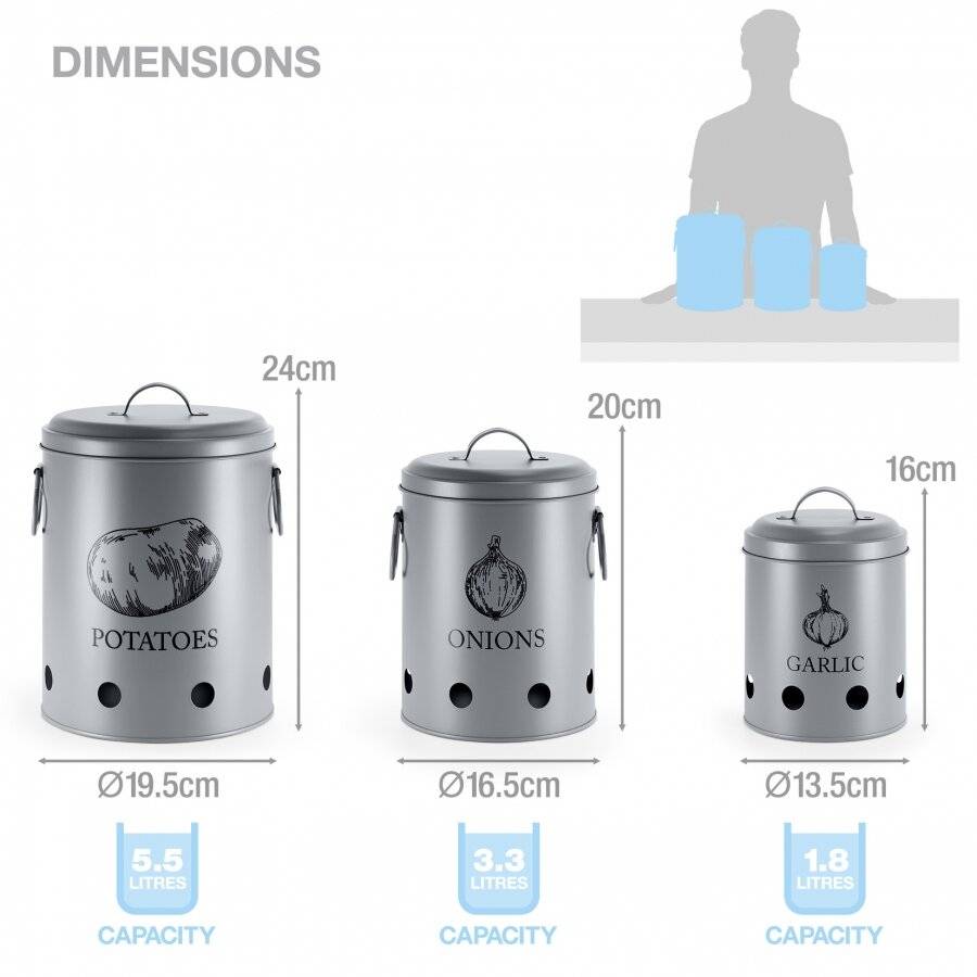 EHC Set of 3 Potato, Onion and Garlic Storage Jars With Lid - Grey