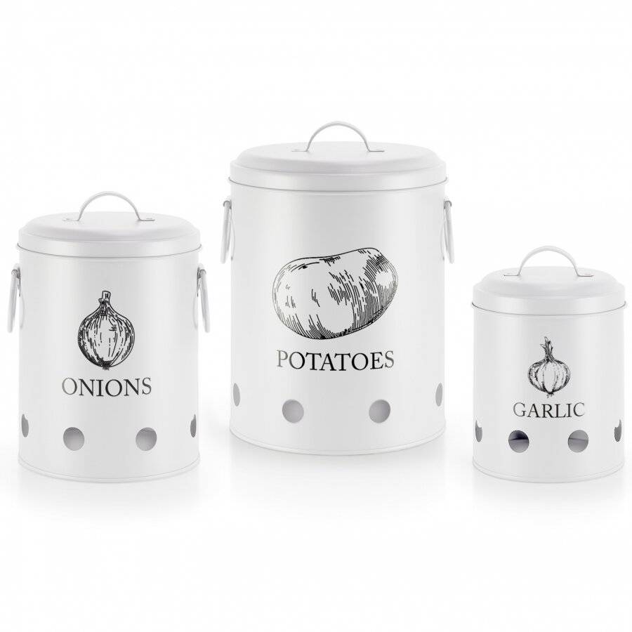 Home Acre Designs White Farmhouse Style Vented Vegetable Storage Containers  Steel Canisters with Lids, Set of 3, Potato, Onion, Garlic