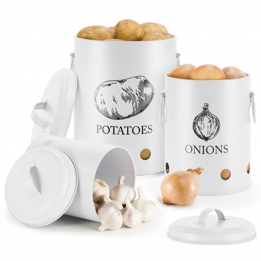 EHC Set of 3 Potato, Onion and Garlic Storage Jars With Lid - White
