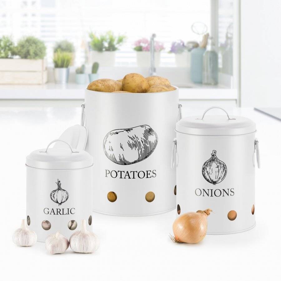EHC Set of 3 Potato, Onion and Garlic Storage Jars With Lid - White