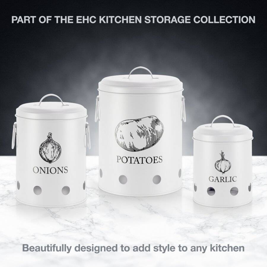 EHC Set of 3 Potato, Onion and Garlic Storage Jars With Lid - White