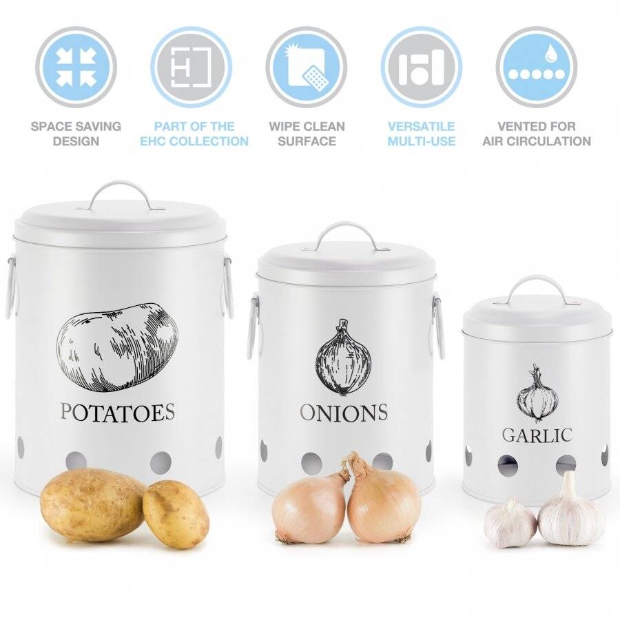 EHC Set of 3 Potato, Onion and Garlic Storage Jars With Lid - White