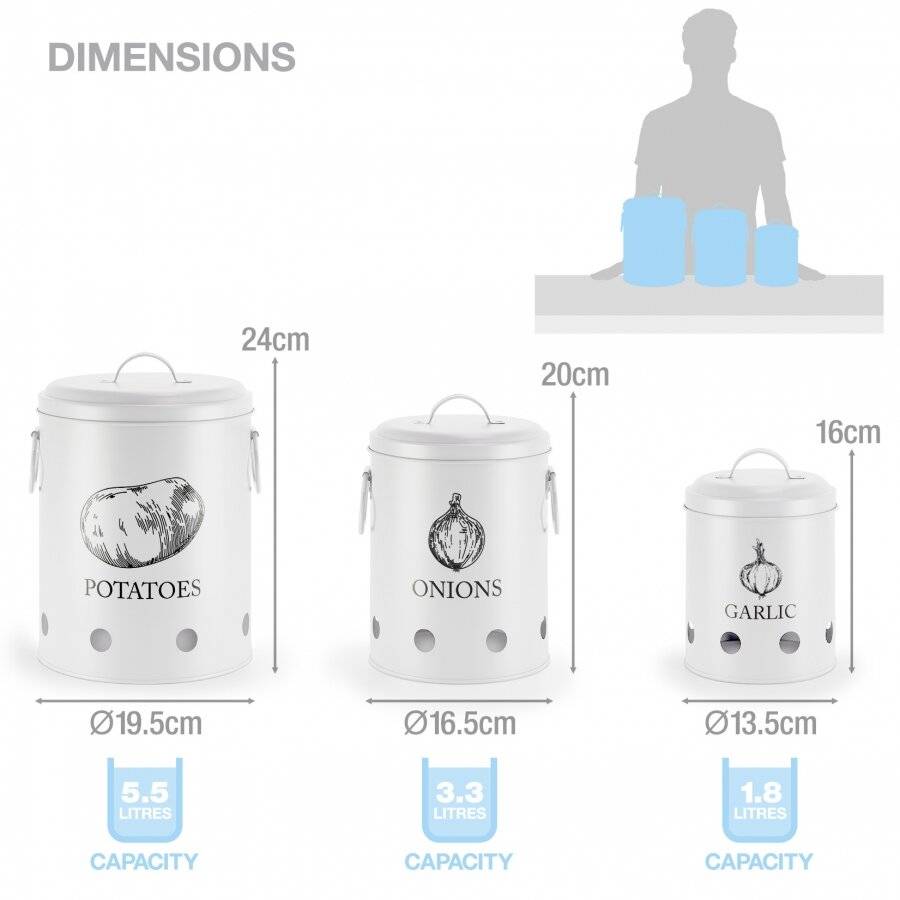 EHC Set of 3 Potato, Onion and Garlic Storage Jars With Lid - White