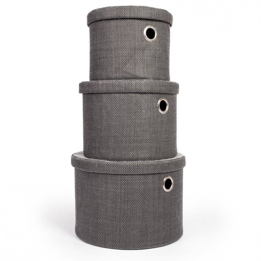 EHC Set of 3 Round Fabric Storage Basket Hamper With Lid, Black