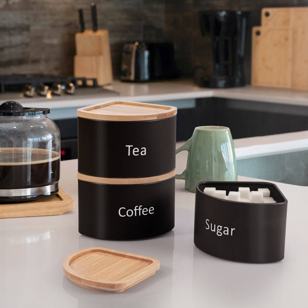 EHC Set of 3 Stackable Corner Airtight Food Storage Jar Set, Black