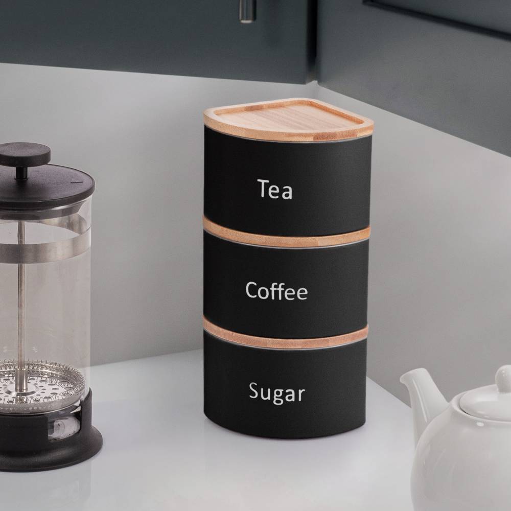 EHC Set of 3 Stackable Corner Airtight Food Storage Jar Set, Black