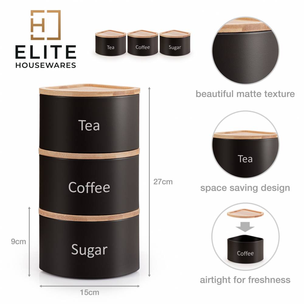 EHC Set of 3 Stackable Corner Airtight Food Storage Jar Set, Black