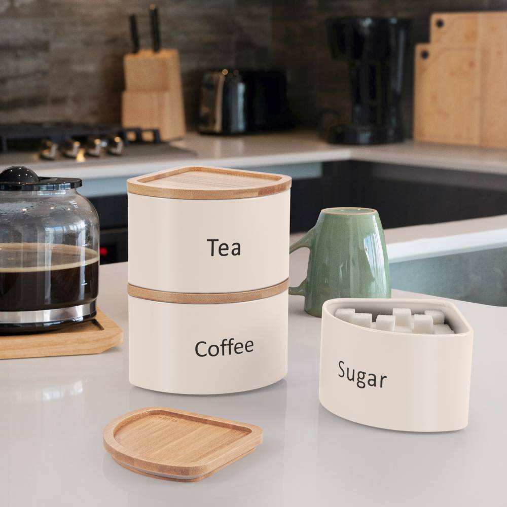 EHC Set of 3 Stackable Corner Airtight Food Storage Jar Set, Cream