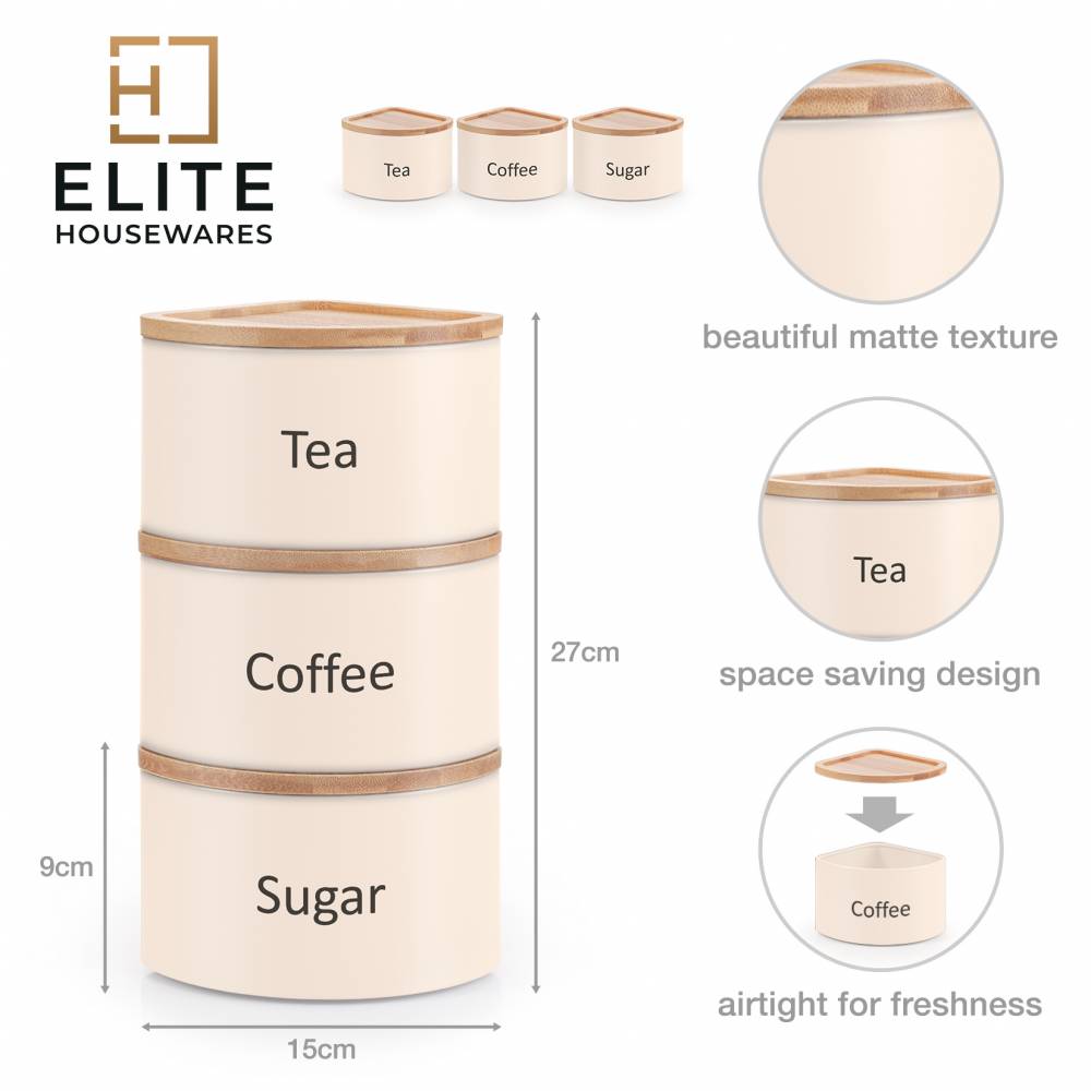 EHC Set of 3 Stackable Corner Airtight Food Storage Jar Set, Cream