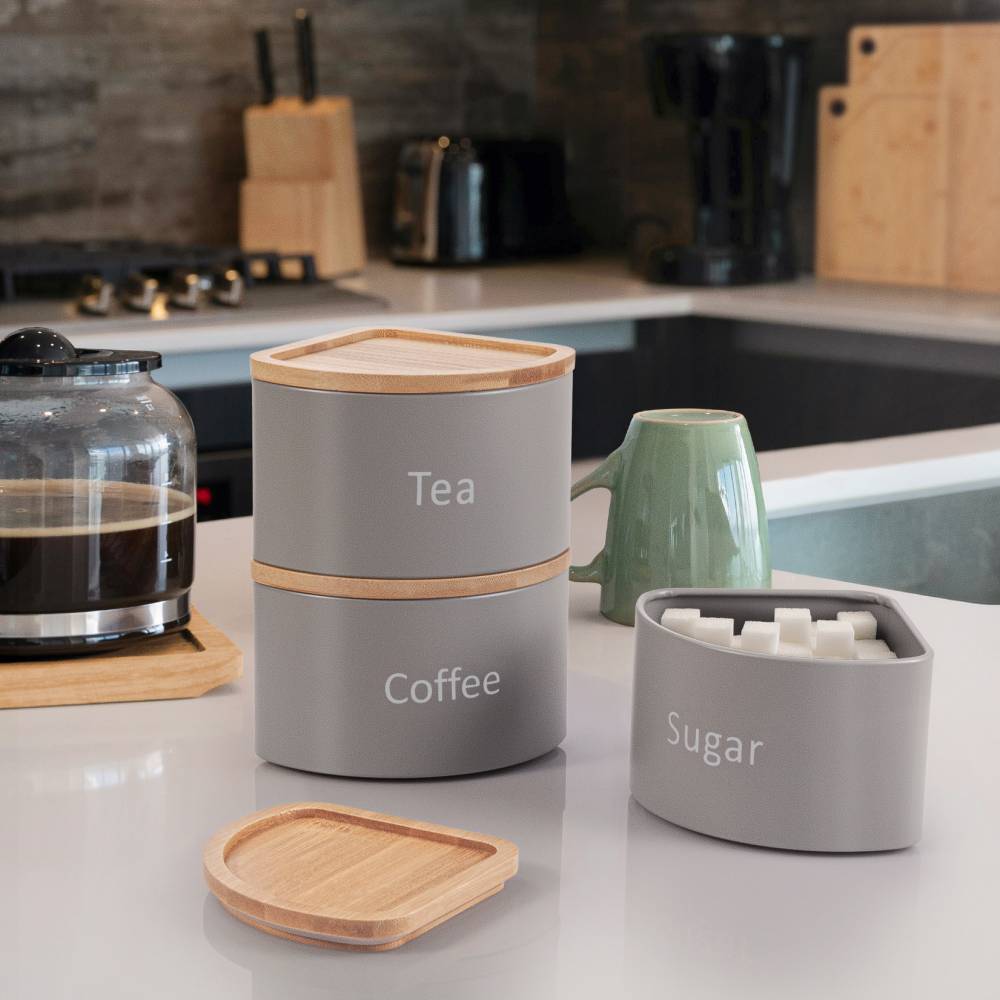 EHC Set of 3 Stackable Corner Airtight Food Storage Jar Set, Grey