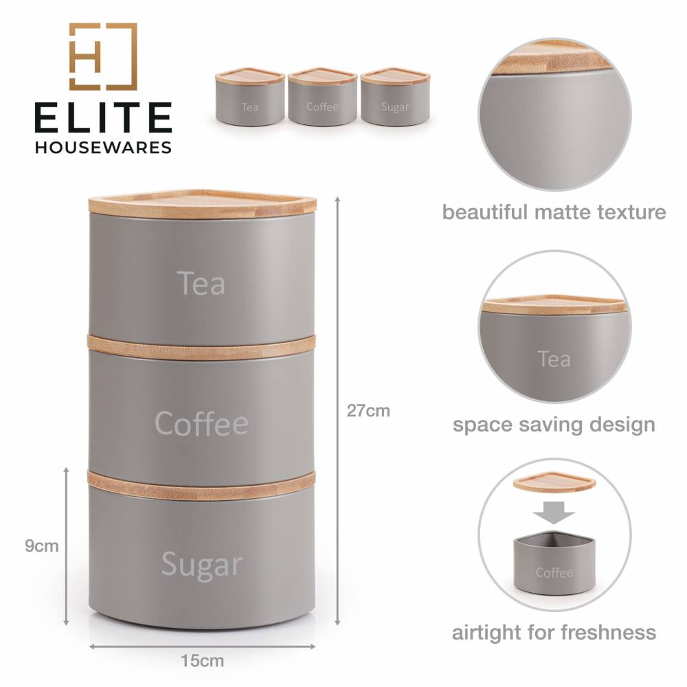 EHC Set of 3 Stackable Corner Airtight Food Storage Jar Set, Grey