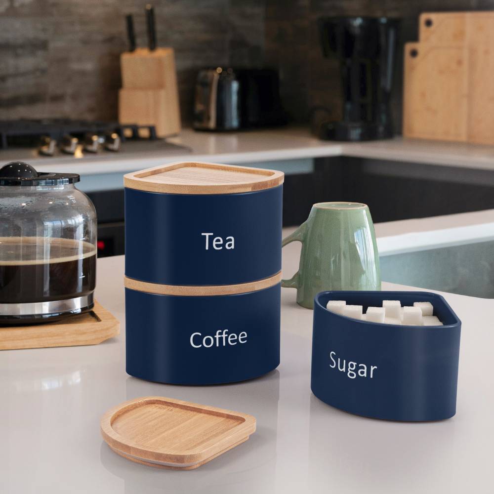 EHC Set of 3 Stackable Corner Airtight Food Storage Jar Set, Navy Blue