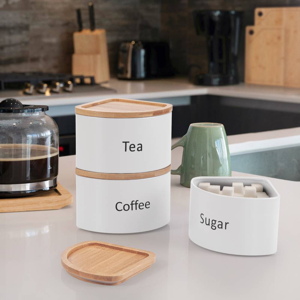 EHC Set of 3 Stackable Corner Airtight Food Storage Jars Set, White