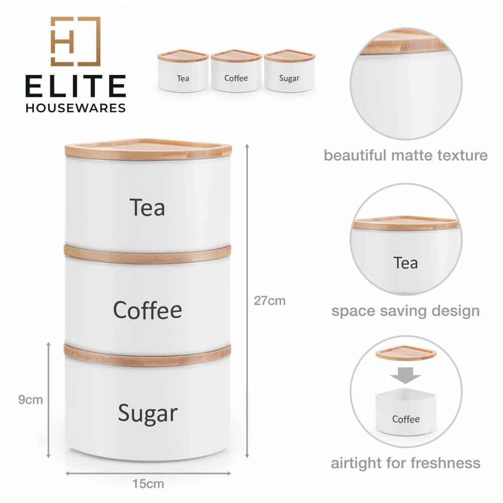 EHC Set of 3 Stackable Corner Airtight Food Storage Jars Set, White