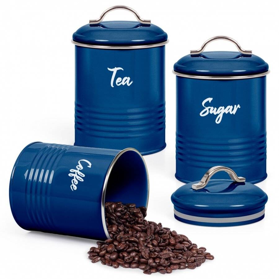 EHC Set of 3 Tea, Coffee & Sugar Kitchen Storage Containers - Blue