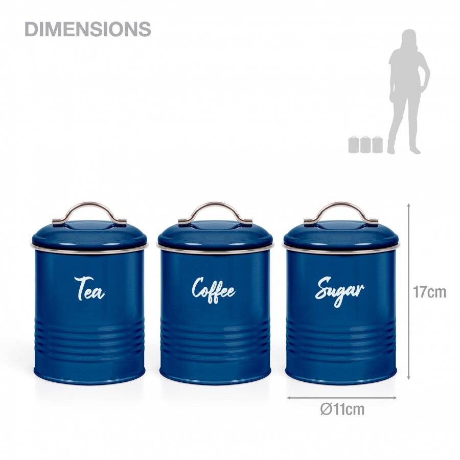 EHC Set of 3 Tea, Coffee & Sugar Kitchen Storage Containers - Blue