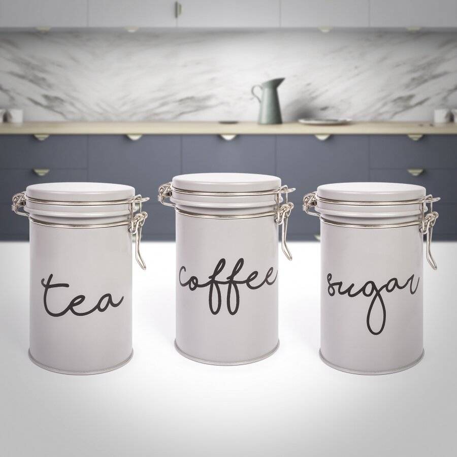 EHC Set of 3 Tea, Coffee and Sugar Storage Canisters - Grey