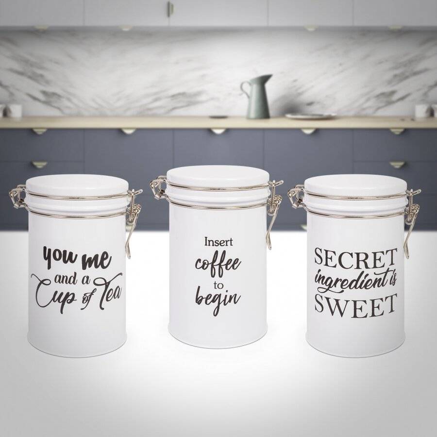 EHC Set of 3 Tea, Coffee and Sugar Storage Canisters Jars - White
