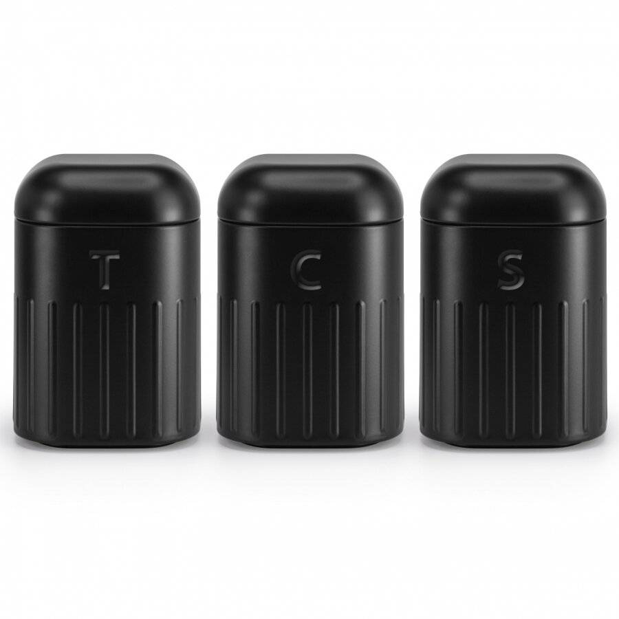 EHC Set of 3 Tea, Coffee & Sugar Metal Jars With Curved Lid, Black