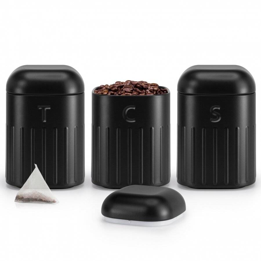 EHC Set of 3 Tea, Coffee & Sugar Metal Jars With Curved Lid, Black
